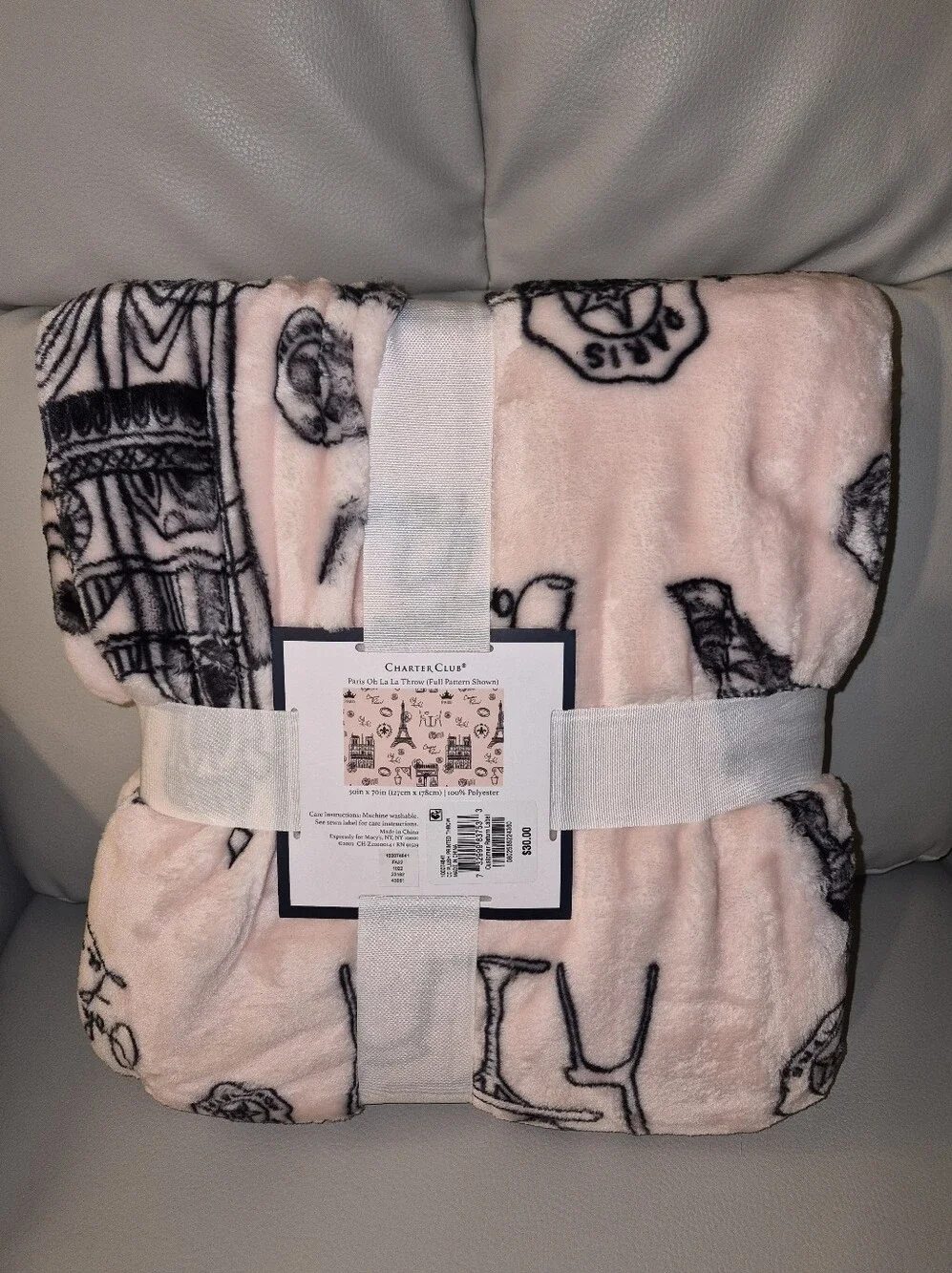 Charter Club Plush Throw - Light Pink with Black Paris Motif - B